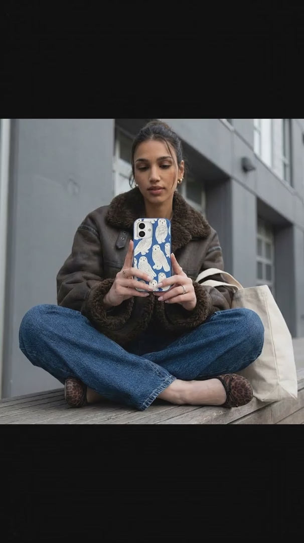 Electric Blue Snowy Owls iPhone 16 Case - Product video demonstration