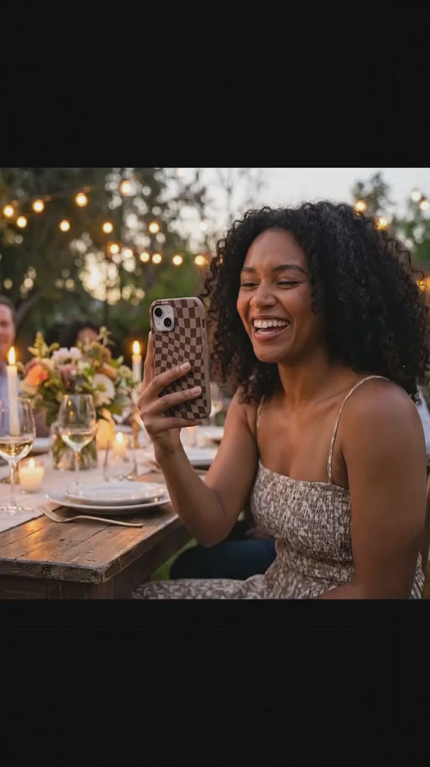 Chocolate Brown Cafe Check iPhone 15 Pro Case - Product video demonstration