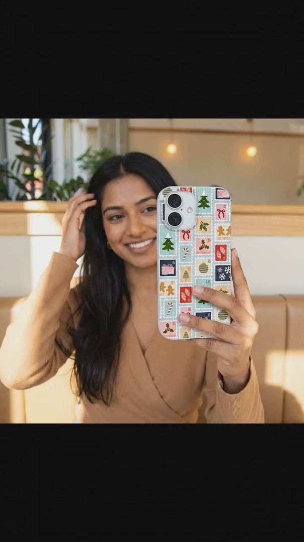 Powder Blue Noel Stamps iPhone 16 Pro Max Case - Product video demonstration