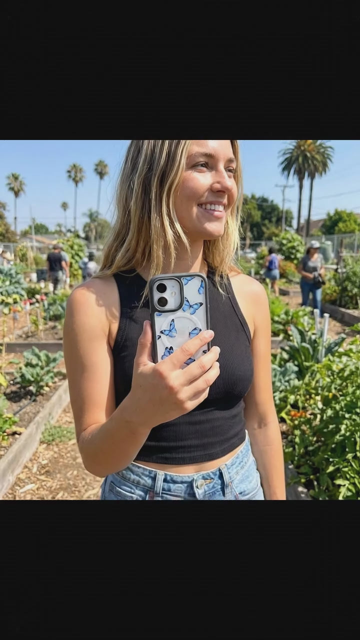 Clear Blue Butterflies iPhone 17 Case With Noir Ridge (MagSafe included) - Product video demonstration