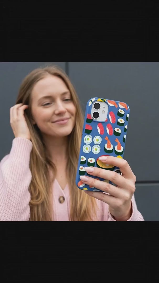 Electric Blue Sushi Night iPhone 15 Case - Product video demonstration