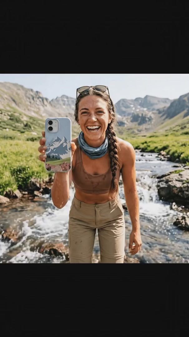 Powder Blue Mountains and Blooms iPhone 17 Pro Case - Product video demonstration